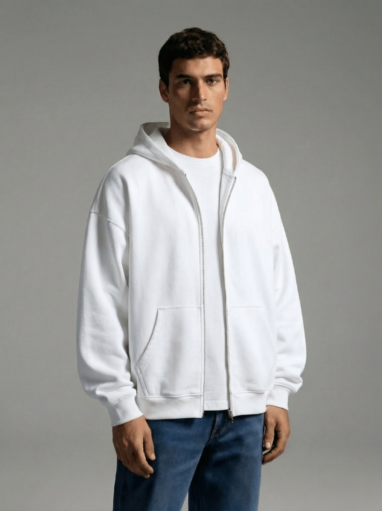 Men's White Oversized Zip Hoodie · Too Fabric