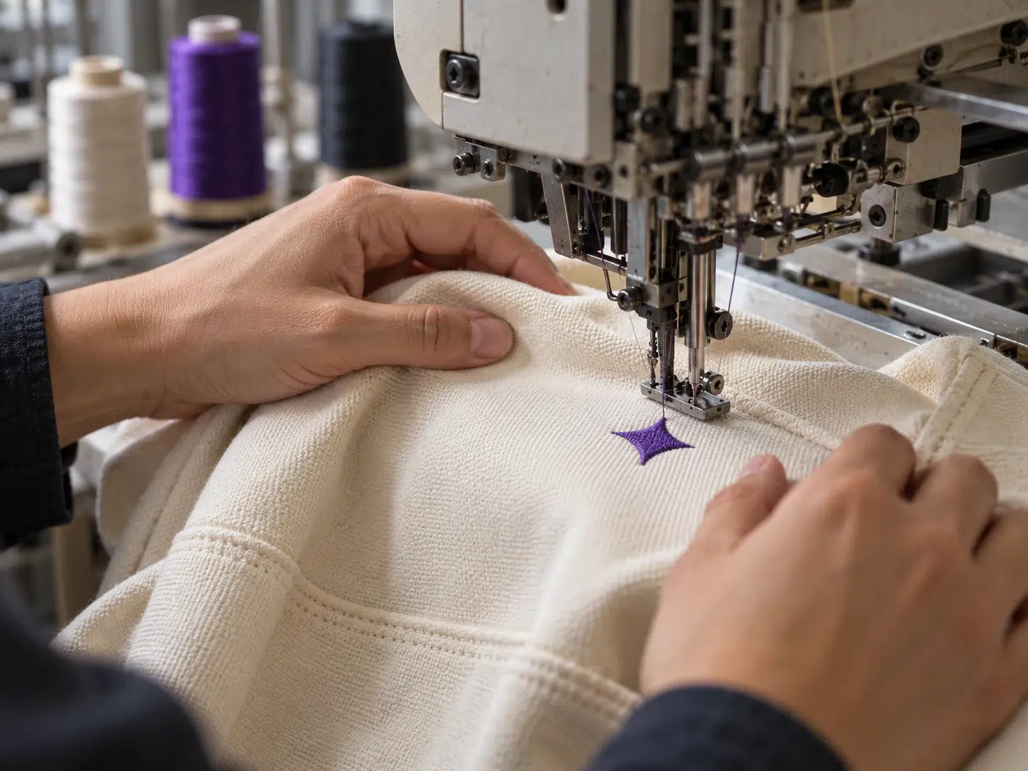 Embroidery machine stitching a purple logo on a cream sweatshirt during custom clothing production